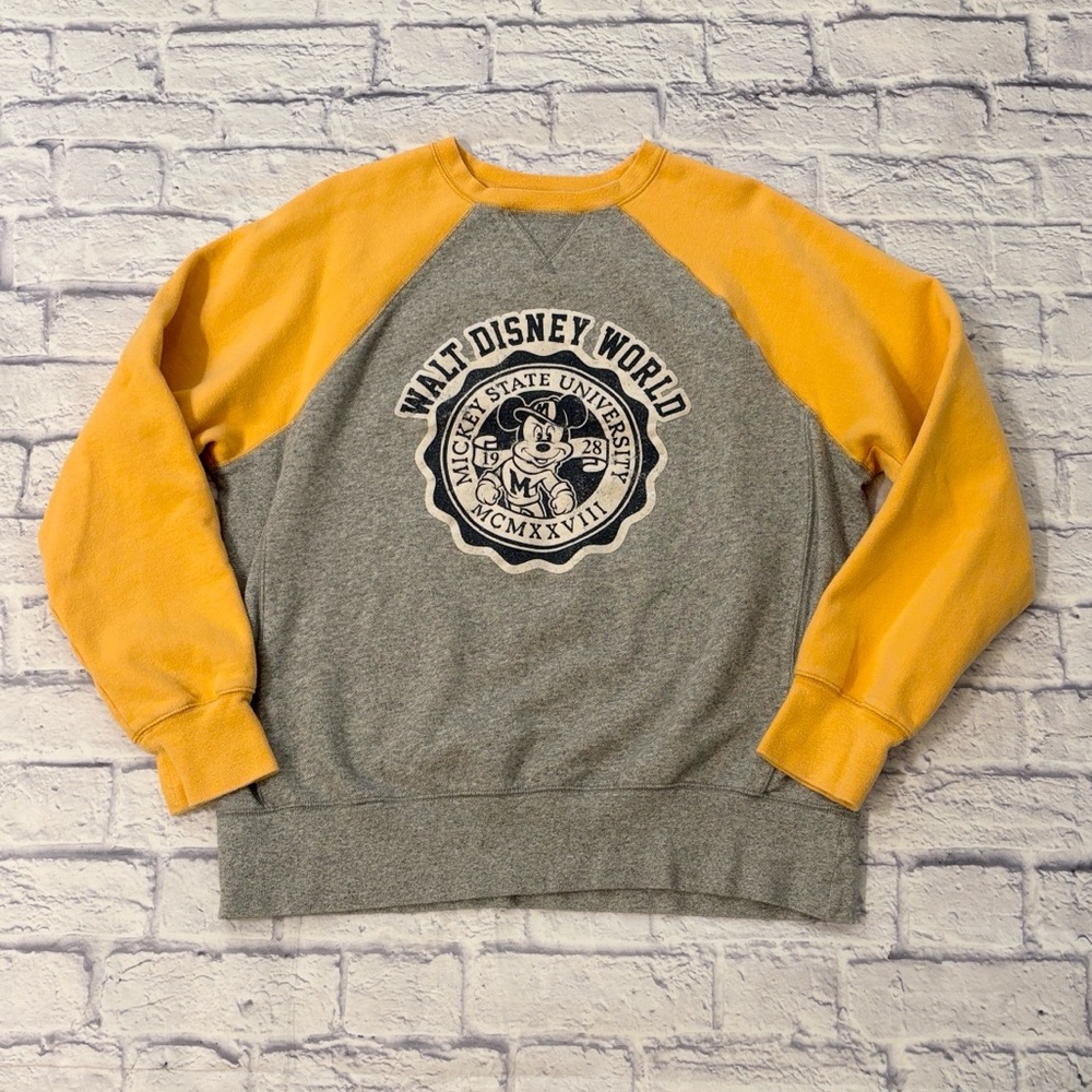 Disney Mickey State University Sweatshirt Yellow Gray Raglan Crewneck Size Large